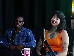 Hyoran Carvalho in sheer red lingerie, teasing with handjob