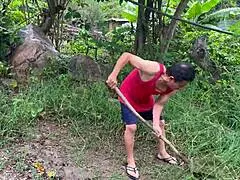 Hey, busty stepmother fucks gardener in forest quickie.