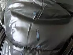 oh wow, cum play on my new long black shiny and puffy jacket so my impotent husband can lick - preview!
