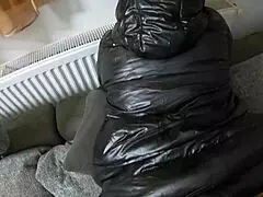 oh wow, cum play on my new long black shiny and puffy jacket so my impotent husband can lick - preview!