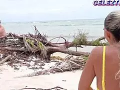 blonde amateur fucked hard on beach by tourist, natural tits bouncing in quickie 😏