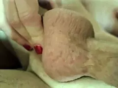 Gentle handjob balls massage leads to blowjob. Cum in mouth swallow.