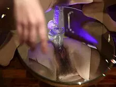 Stepsister tears pantyhose, masturbates with giant dildo, then rides cock to orgasm