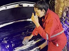 pregnant latina mechanic trades her pussy for payment, getting fucked outdoors in a quick roleplay.