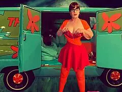 Granny Velma Dinkley in cocksucking cumundrum with open bathrobe