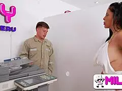 Employees FUCK with MILF secretary, bending her over for huge tits action.