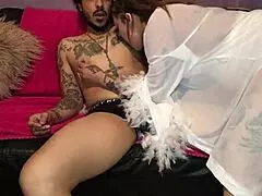 Madame Snow Twerking In Sexy Lingerie, Giving Wet Blowjob And Cock Milking While Masturbating Her Asshole With Dildo, Interracial Couple Pawg Huge Dick Anal Play