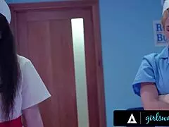 girlsway head nurse sarah vandella teams up with assistant to hard fuck patient whitney wright