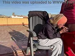 i suck my neighbor's cock and swallow cum on the rooftop terrace, amateur homemade wife