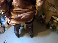 IMPOTENT HUSBAND DEMANDS CUM on my new light brown long jacket while smoking