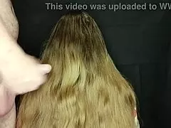 cum on stepmoms long hair and she swallows it