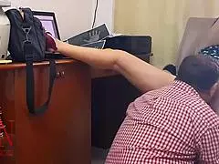 femdom lady boss dominates employee with pussy lick in office, do you want to be my employee hidden cam