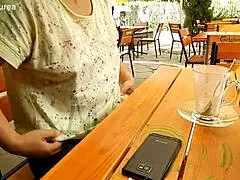 look at this milf flashing her hairy tits in public, she's mature and chubby too