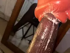 Stocking-clad person deep throats a toy intensely.