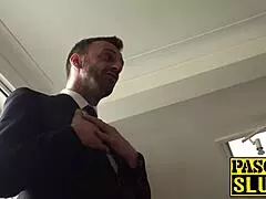 Busty UK Betty Foxxx eats cum before pussy pounding.