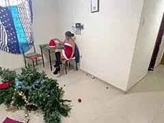 busty stepdaughter gives new year gift to old stepdad