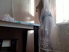 I caught my stepmom hiding and masturbating behind the curtain