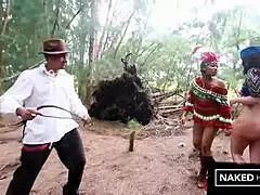 thick booty ebony and ivory baddies slurping on a cock outside in the woods