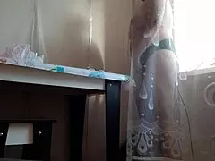 I caught my stepmom hiding and masturbating behind the curtain