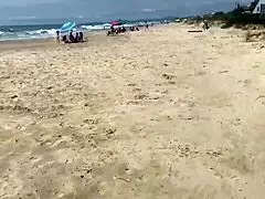 Big-titted stranger milf masturbates and fingers her pussy before public handjob cumshot outdoors