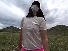 bottle fucks hairy pussy doggystyle outdoors