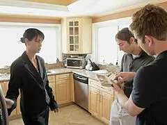 Exciting sex with brunette asian mom wearing stockings, heels, and fishnets on bed 😍