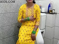 Indian hot stepmother gets fucked by stepson in the washroom with dirty hindi talk