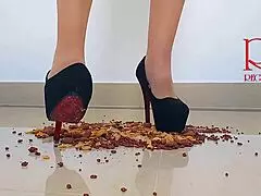 cornflakes get crushed under high heels boots on the floor