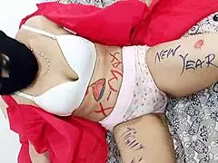 new year christmas celebrations: dildo fucking her big ass and pussy in red gown