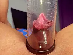 Contrasting huge pussy busting with vacuum pump action.