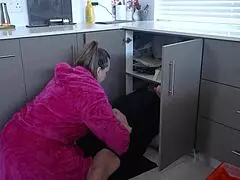 Milf stepmom pays stepson handyman with blowjob riding and creampie