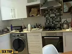The ebony MILF in the KITCHEN with a BIG WHITE DICK leading to a CUMSHOT.