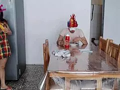 A maid fulfills a request in front of a man at home with charming natural tits