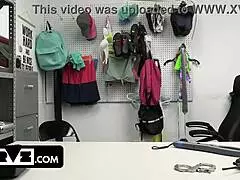 Angelica Coralvine, the shoplifting milf, gags on the cop's cock to avoid arrest in the backroom.