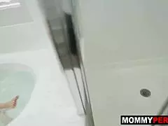Stepmom lures stepson into the bathroom for a deep blowjob.