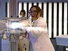 Can three shemale sexdolls tease this busty milf scientist with licks and fucks?