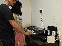 Beautiful young 18+ woman in pink skirt fucked up wanting to play piano