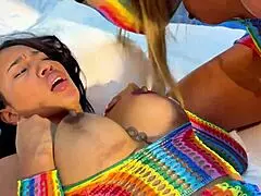 Shemale pounds horny latina slut with rough intense fucking in the bedroom.