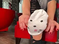 Goddess teases wrinkled feet in socks and barefoot under desk