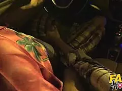 Brunette babe picked up on road sucks cock in car then fucked around hostel