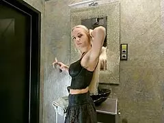 big tits long haired sexy blonde prepares for the night in a see through mini skirt with underknee socks and no panties