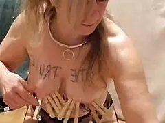 french slave submission, whips herself outdoors