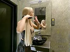 big tits long haired sexy blonde prepares for the night in a see through mini skirt with underknee socks and no panties