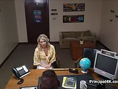 at work, the blonde mature teacher is hammered by the head teacher's fat dick, bent over in doggystyle position