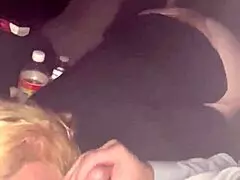 pretty hooker blows a guy in his car at night and makes him cum in her mouth then spits it out on his dick only to suck it right back off