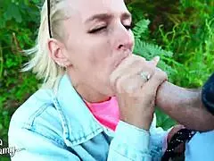 blonde babe sucks huge cock and jerks it outdoor pov 😍