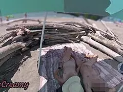 two exhibitionist wives give amateur milf handjob to big cock on nude beach in front of voyeur with cumshot