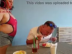 Naked waitress lets restaurant guest eat from her navel, so wild