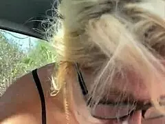 real hooker in glasses kneels in public to suck an old man for money and swallow his cum load