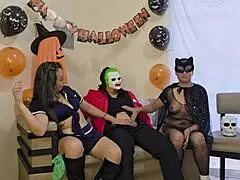 homemade halloween threesome features stepmother stepdaughter and stepson in wild action